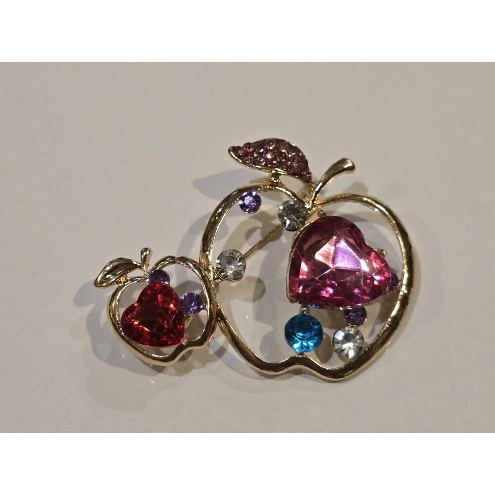 Rhinestone Apple Brooch Pin Gold Tone Pink Red Crystal Fruit Jewelry #1077